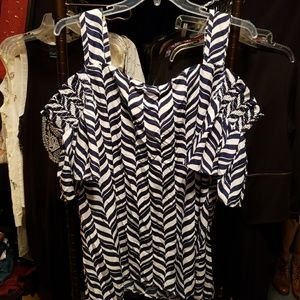 True Destiny Tops - Open Shoulder Blue White Blouse 2X NWOT True Destiny Tops - Open Shoulder Blue White Blouse 2X NWOT